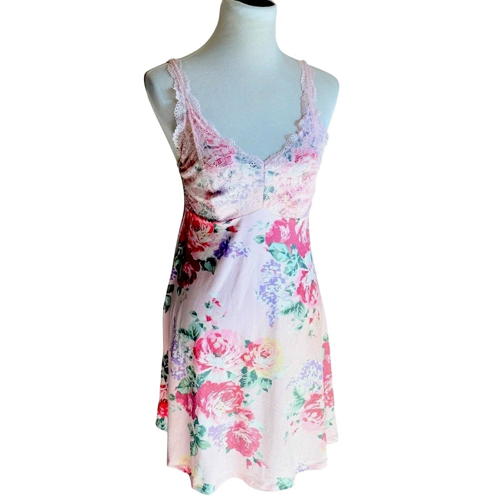 Floral Lace Chemise Slip Dress Pink Romantic Nightgown Lingerie Womens M